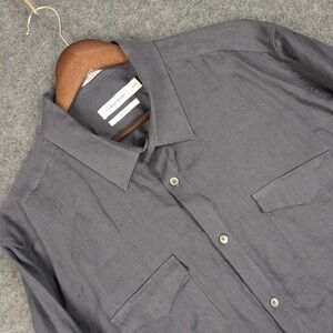 Calvin Klein Mens XL Gray 100% Linen Long Sleeve Roll Tab Button Down Shirt